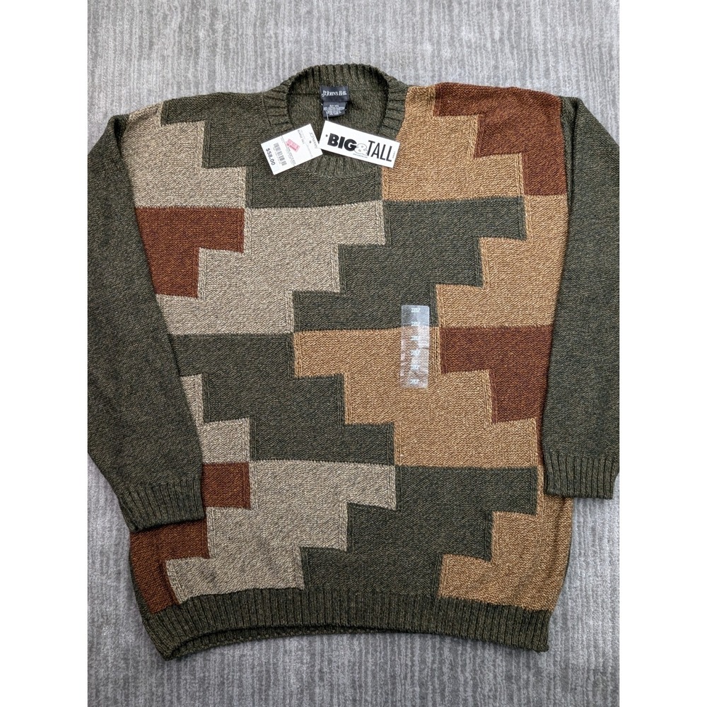 NEW VTG St Johns Bay Patchwork Sweater Mens XLT Grandpa Crewneck Textured USA
